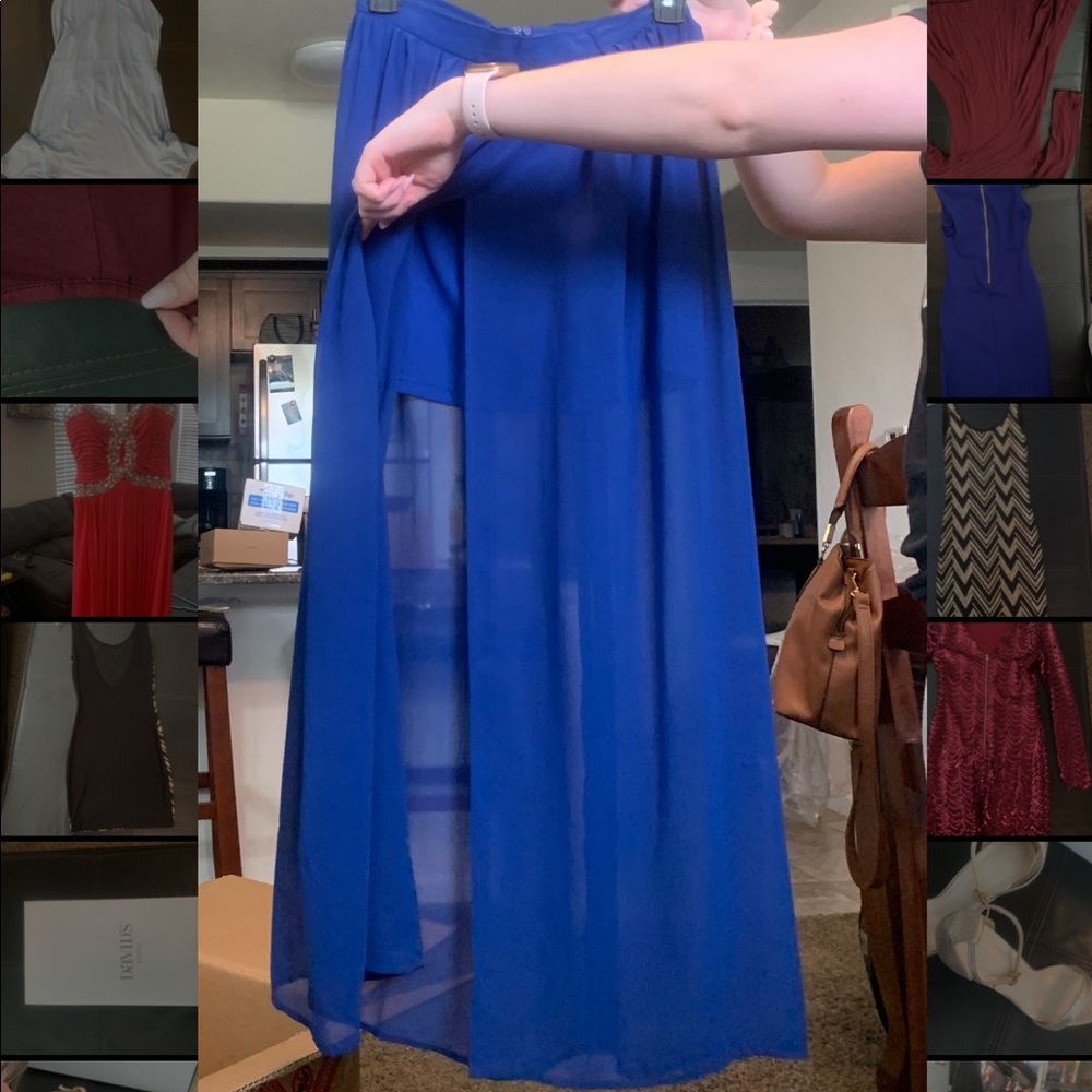 Blue maxi skirt with slit and underskirt